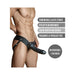 Male model wearing Dr. Skin 6 inch black hollow strap-on with adjustable elastic straps and detailed product features.