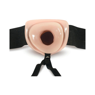 Black adjustable harness with a 6-inch hollow, flesh-toned silicone insert for versatile wear.