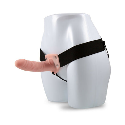 Black adjustable harness with a 6-inch hollow realistic dildo on a white mannequin torso.