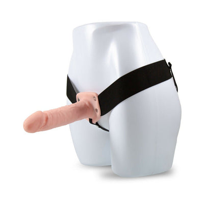 Black adjustable strap-on harness with a 7-inch hollow, lifelike dildo on a white mannequin torso.