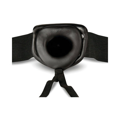 Black 7 inch hollow strap-on with adjustable elastic waistband and soft, padded front panel.