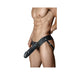 Male model wearing a black 7-inch hollow strap-on with adjustable waistband and thigh straps.