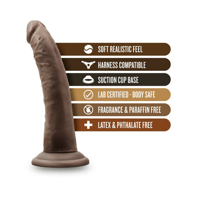 Chocolate-colored 7-inch realistic dildo with suction cup base and key features listed beside it.