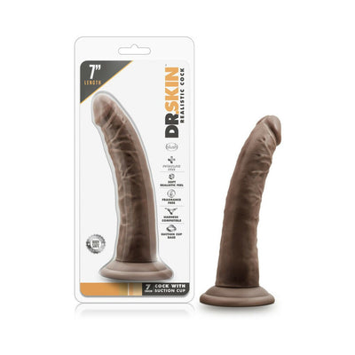Chocolate-colored 7-inch realistic dildo with suction cup base next to its clear retail packaging.