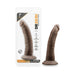 Chocolate-colored 7-inch realistic dildo with suction cup base next to its clear retail packaging.