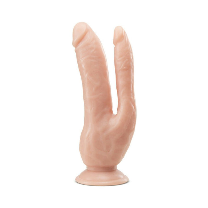 Dual-ended realistic textured dildo in vanilla color with suction cup base for hands-free use.
