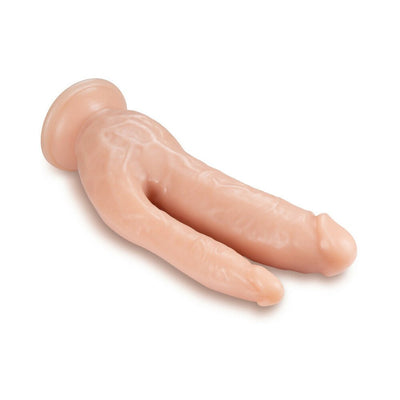 Vanilla-colored dual-ended 8-inch silicone double penetration toy with suction cup base on white background.