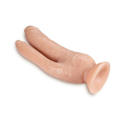 Vanilla-colored dual dildo with suction cup base designed for double penetration play.