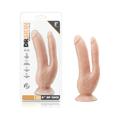 Vanilla-colored dual-prong realistic silicone toy with suction base shown in packaging and alone on white background.