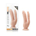 Vanilla-colored dual-prong realistic silicone toy with suction base shown in packaging and alone on white background.