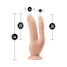 Vanilla-colored double penetration toy with two realistic shafts and suction cup base, showing detailed measurements.
