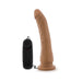 Mocha 8.5 inch realistic vibrating dildo with suction cup base and black wired remote control on white background.