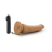 Mocha 8.5 inch vibrating realistic dildo with suction cup base and wired remote control on white background.