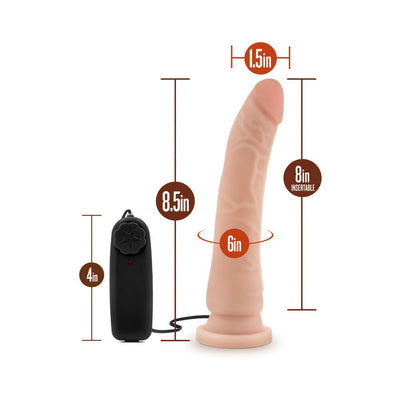 Mocha 8.5 inch realistic vibrating dildo with suction cup base and black wired remote control.