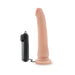 Mocha 8.5 inch realistic vibrating dildo with suction cup base and wired remote control on white background.
