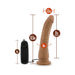 Mocha 8.5 inch vibrating realistic dildo with suction cup base and black wired remote control showing size measurements.