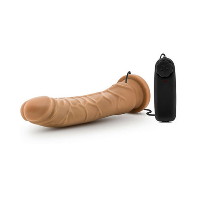 Mocha 8.5 inch realistic vibrating dildo with suction cup base and wired remote control on white background.