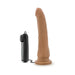 Mocha 8.5 inch realistic vibrating dildo with suction cup base and wired remote control.