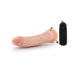 Mocha 8.5 inch realistic vibrating dildo with suction cup base and black wired remote control on white background.