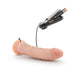 Mocha 8.5 inch realistic vibrating dildo with suction cup base and remote control with batteries shown.