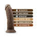Chocolate-colored realistic dildo with suction cup base and key features listed including soft feel and body-safe materials.