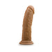 Realistic 8-inch chocolate-colored dildo with textured surface and suction cup base for hands-free use.