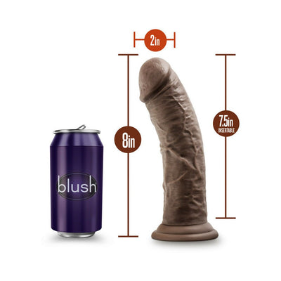 Chocolate-colored 8-inch realistic dildo with suction cup base shown next to a soda can for size comparison.