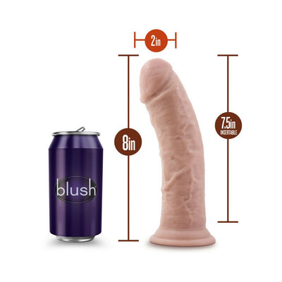 8-inch realistic chocolate-colored dildo with suction cup next to a soda can for size comparison.