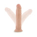 Realistic 9.5 inch vanilla-colored dildo with suction base shown in upright and angled positions on white background.