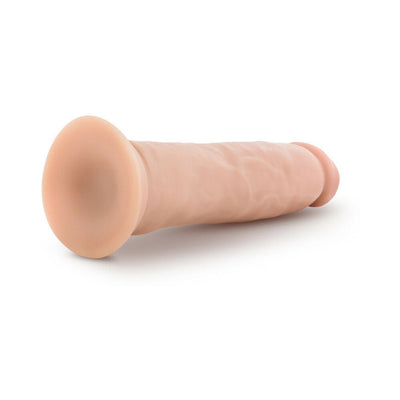 Realistic 9.5 inch vanilla-colored dildo with suction cup base and textured surface for lifelike experience.
