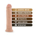 Vanilla-colored realistic 9.5 inch dildo with suction cup base and key features listed alongside.
