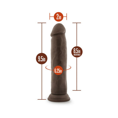 9.5 inch realistic vanilla-colored dildo with 2 inch diameter and suction cup base, showing detailed measurements.