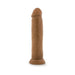Realistic 9.5 inch vanilla-colored dildo with suction base and detailed texture for hands-free use.