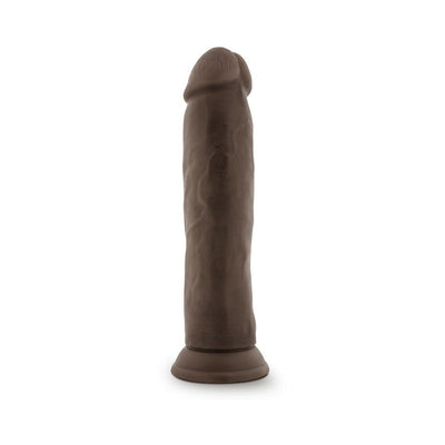 Realistic 9.5 inch dark brown dildo with suction base for hands-free use, textured for lifelike feel.