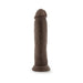 Realistic 9.5 inch dark brown dildo with suction base for hands-free use, textured for lifelike feel.