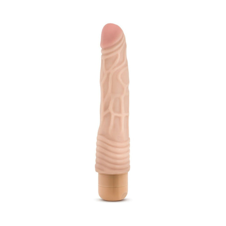 Beige 9-inch realistic vibrator with textured veins and tapered head, designed for beginner-friendly use.