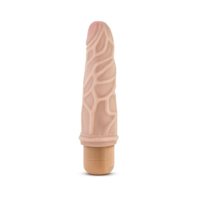 Beige realistic textured vibrator with twist dial base, 7.25 inches long, designed for multi-speed vibration control.