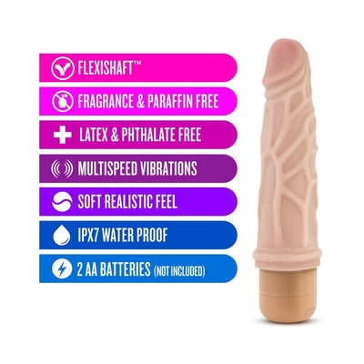 Beige realistic textured vibrator with multi-speed vibrations and waterproof design, battery operated with twist dial base.
