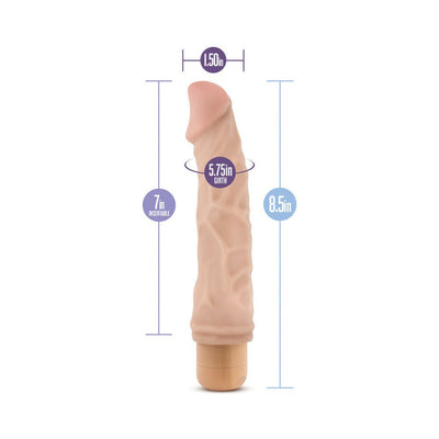 Beige realistic vibrator with detailed texture, 8.5 inches long, 7 inches insertable length, and 5.75-inch girth measurement.
