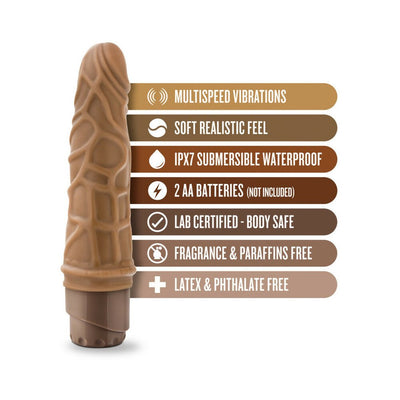 Mocha-colored 7.25-inch vibrating cock with multispeed settings and body-safe, waterproof design.