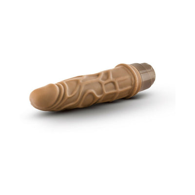 Mocha-colored 7.25-inch realistic vibrating adult toy with textured surface and multi-speed control base.