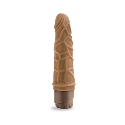Mocha-colored 7.25 inch realistic vibrating adult toy with textured surface and adjustable base dial.