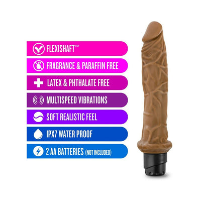 Mocha-colored 9.75 inch vibrating realistic dildo with multi-speed control and waterproof design.