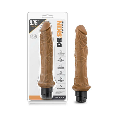 Mocha-colored 9.75-inch realistic vibrating adult toy with textured shaft and black base, shown in packaging and separately.
