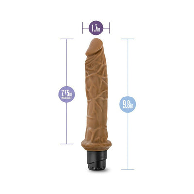 Mocha-colored 9.8-inch vibrating realistic dildo with detailed texture and black base, showing size dimensions.