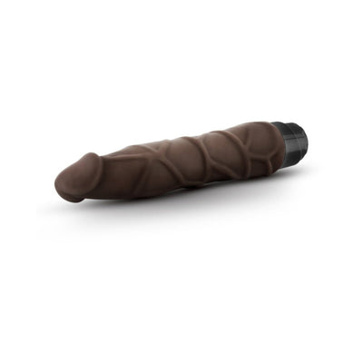 Chocolate-colored 9-inch realistic vibrating adult toy with textured veins and black twist dial base.