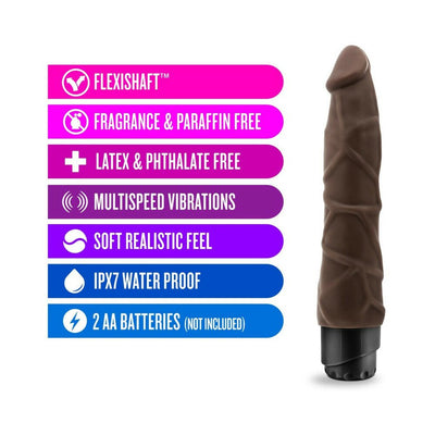 Chocolate-colored 9-inch realistic vibrating toy with multi-speed, waterproof, phthalate-free design and battery-powered operation.