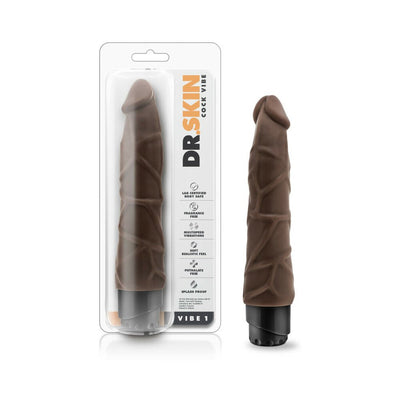 Chocolate-colored 9-inch realistic vibrating adult toy with veined texture and tapered head, shown in packaging and standalone.
