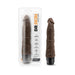 Chocolate-colored 9-inch realistic vibrating adult toy with veined texture and tapered head, shown in packaging and standalone.