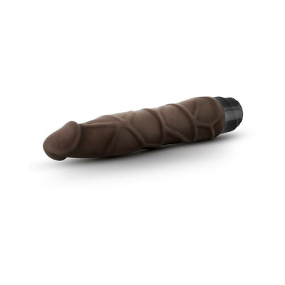 Chocolate-colored 9-inch realistic vibrating adult toy with textured veins and twist dial base on white background.